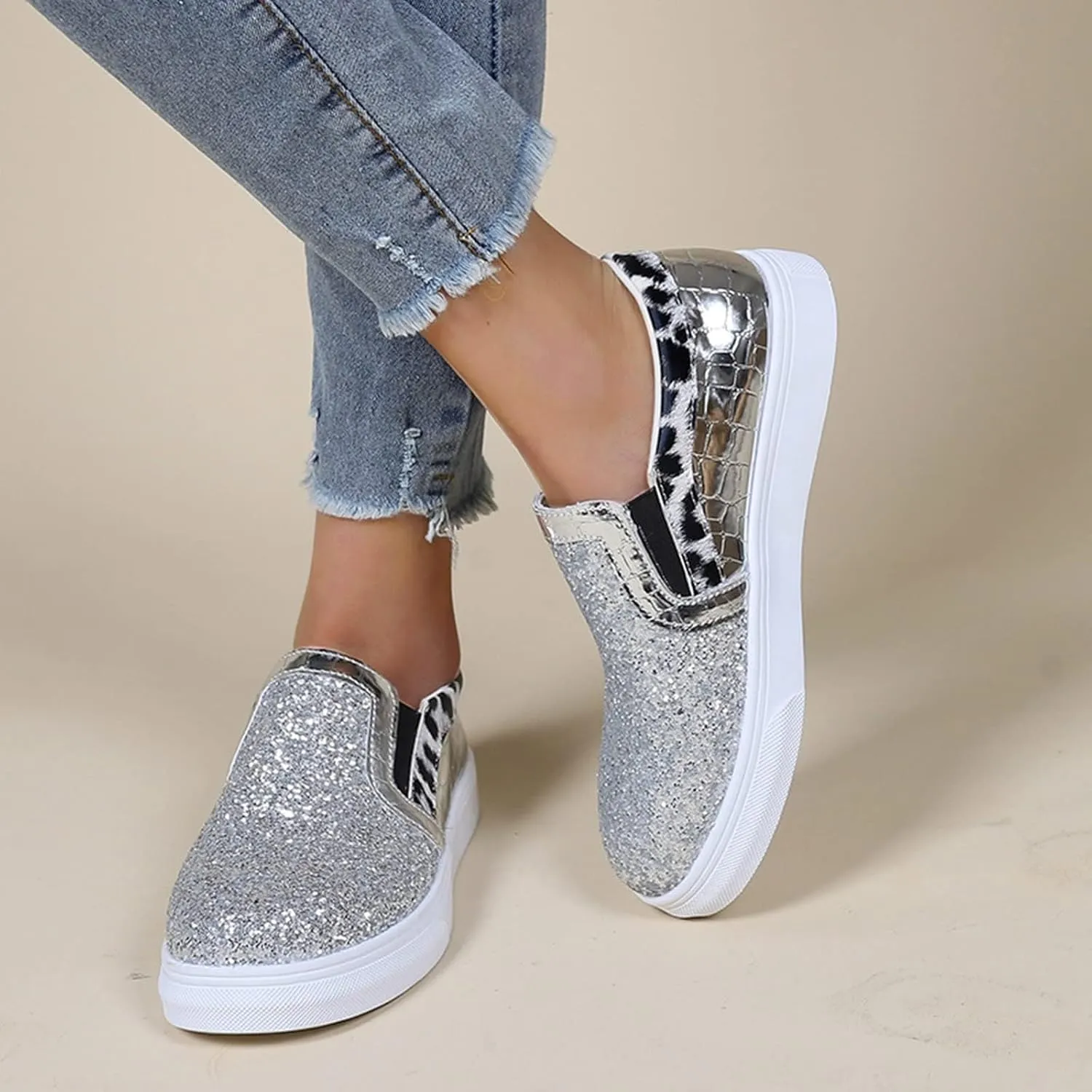 HINDOLA Women's Rhinestone Sneaker Glitter Fashion Platform Slip On Sparkle Bling Flat Loafers Casual Non-Slip Walking Dress Shiny Sequin Shoes Silver