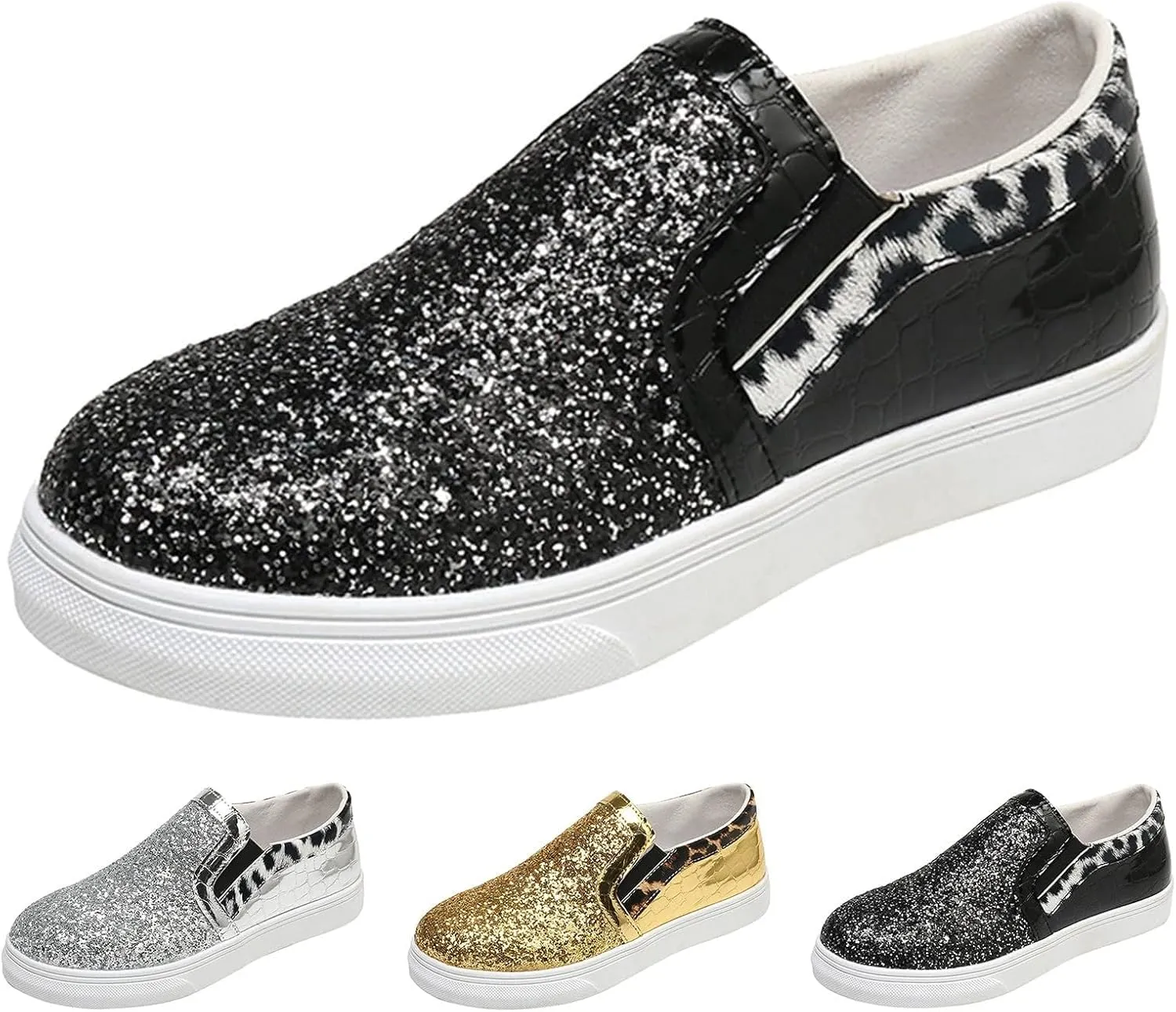 HINDOLA Women's Rhinestone Sneaker Glitter Fashion Platform Slip On Sparkle Bling Flat Loafers Casual Non-Slip Walking Dress Shiny Sequin Shoes Silver