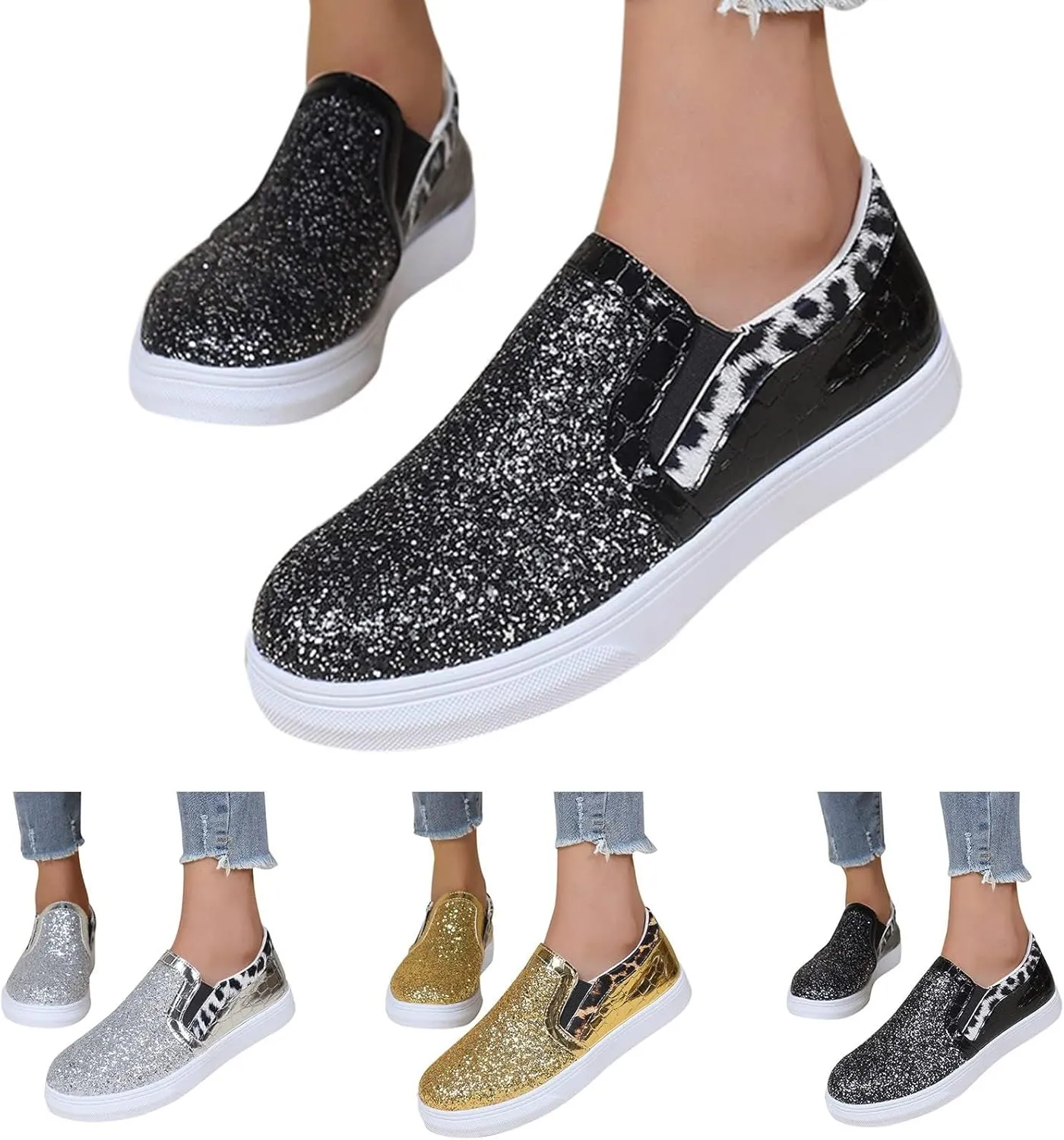 HINDOLA Women's Rhinestone Sneaker Glitter Fashion Platform Slip On Sparkle Bling Flat Loafers Casual Non-Slip Walking Dress Shiny Sequin Shoes Silver