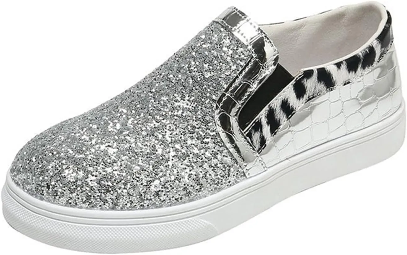 HINDOLA Women's Rhinestone Sneaker Glitter Fashion Platform Slip On Sparkle Bling Flat Loafers Casual Non-Slip Walking Dress Shiny Sequin Shoes Silver