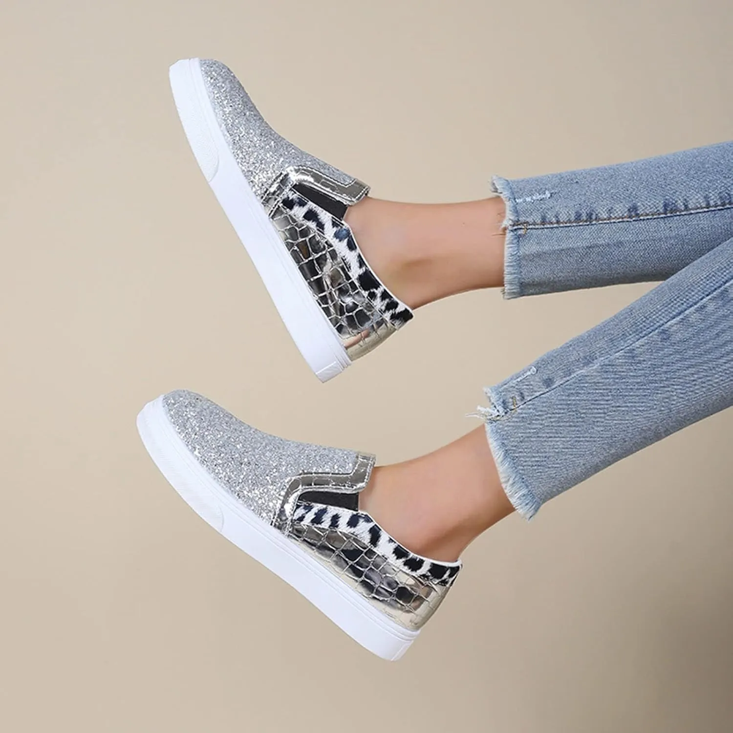 HINDOLA Women's Rhinestone Sneaker Glitter Fashion Platform Slip On Sparkle Bling Flat Loafers Casual Non-Slip Walking Dress Shiny Sequin Shoes Silver