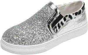 HINDOLA Women's Rhinestone Sneaker Glitter Fashion Platform Slip On Sparkle Bling Flat Loafers Casual Non-Slip Walking Dress Shiny Sequin Shoes Silver