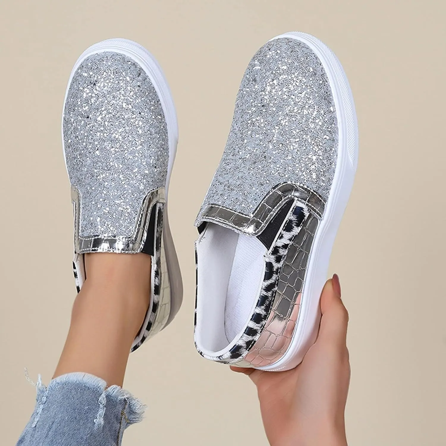 HINDOLA Women's Rhinestone Sneaker Glitter Fashion Platform Slip On Sparkle Bling Flat Loafers Casual Non-Slip Walking Dress Shiny Sequin Shoes Silver