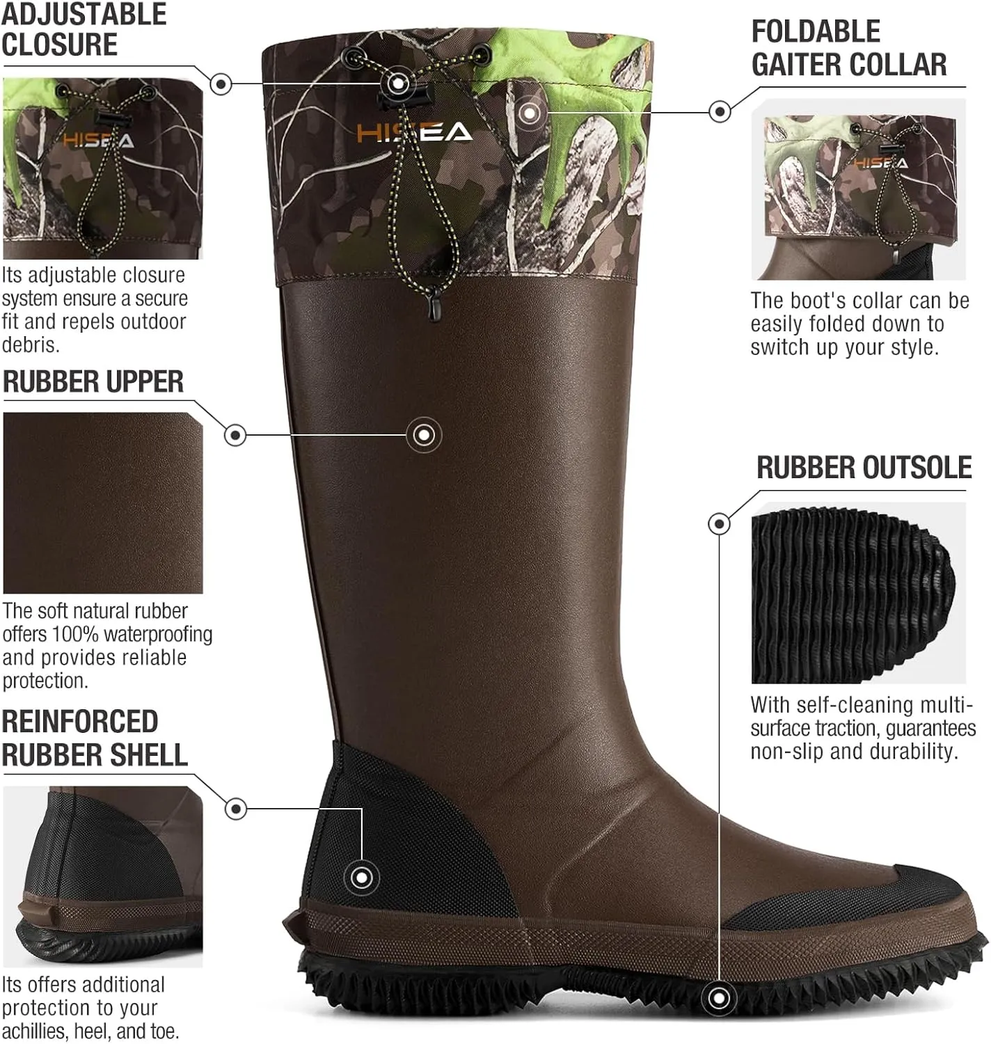 HISEA Classic Men’s Rainboot Neoprene Rubber Rain Boots for Men Waterproof with Adjustable Closure