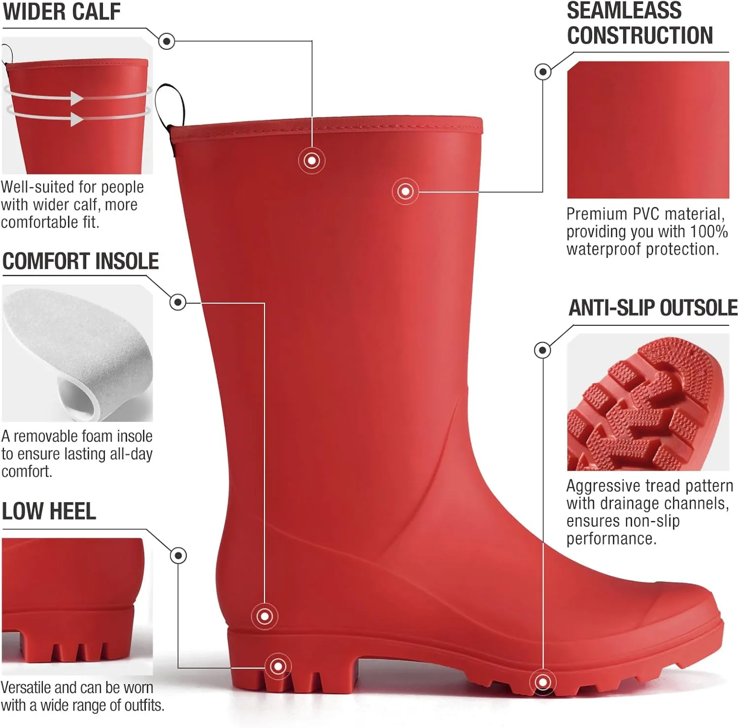 HISEA Women Rubber Boots Wide Calf Rain Boots Matte Surface Waterproof PVC Rubber Rain Boot Mid Height Rain Shoes for Outdoor Gardening Work Walking