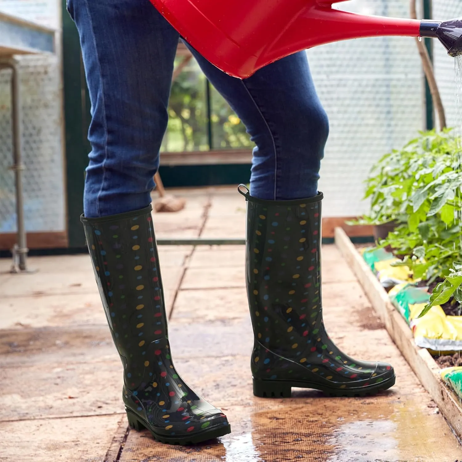 HISEA Women's Rain Boots Fashion Waterproof Garden Shoes Colorful Printed Rubber Boots Anti-Slipping Rainboots for Ladies with Comfort Insole Tall Knee High Outdoor Rain Shoes