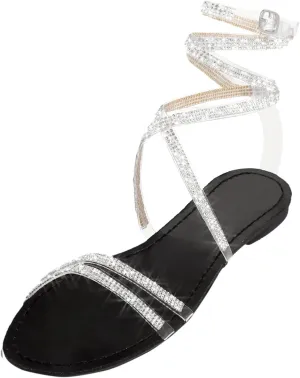 Hot New Womens Rhinestones Strappy Roman Sandals Trendy Glitter Crystal Flats Beach Footwear for Summer Evenings