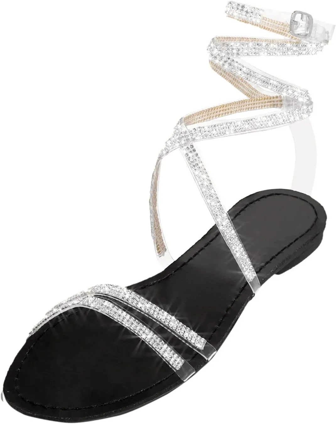 Hot New Womens Rhinestones Strappy Roman Sandals Trendy Glitter Crystal Flats Beach Footwear for Summer Evenings