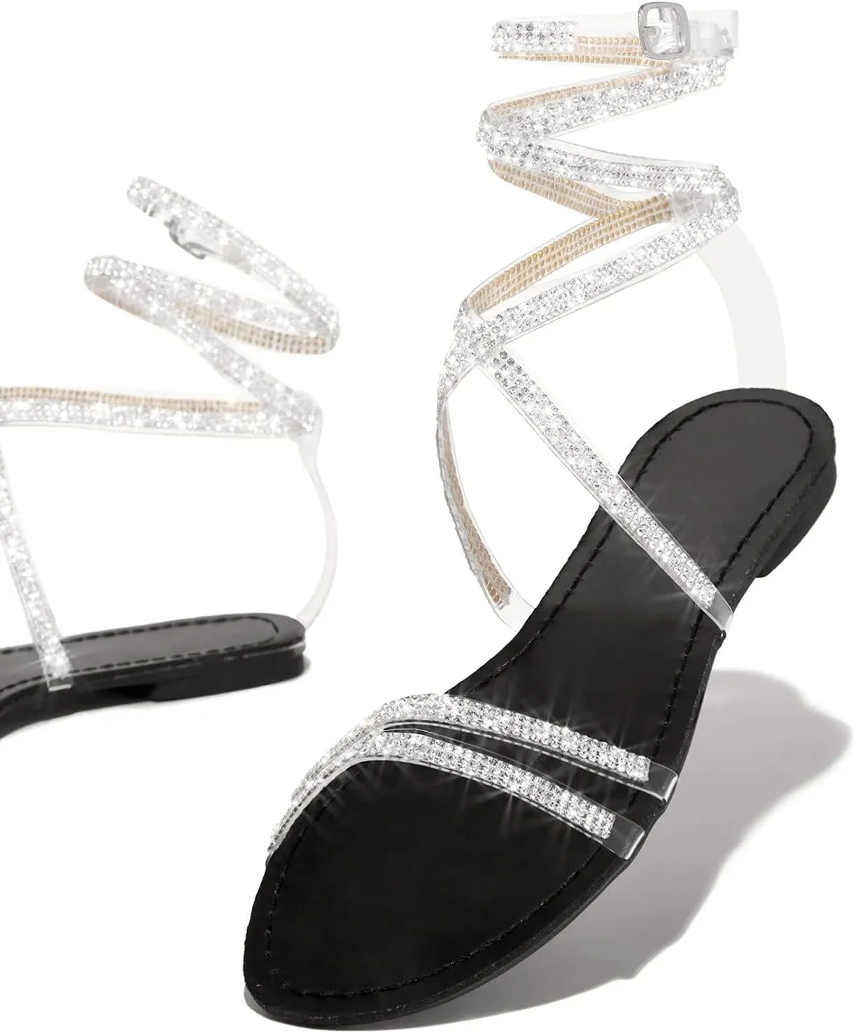 Hot New Womens Rhinestones Strappy Roman Sandals Trendy Glitter Crystal Flats Beach Footwear for Summer Evenings