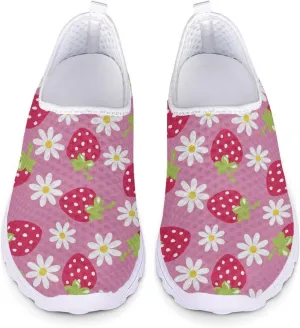 HUIACONG Strawberry Daisy Womens Slip Ons Sneakers Pink Teen Girls Mesh Running Shoes Size 11.5 Breathable Athletic Flat for Active Yoga Outdoor Sports Footwear