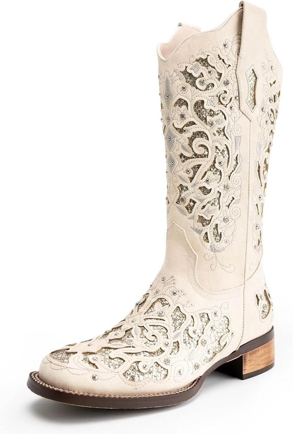 Huntarry Glitter Rhinestone Cowboy Boots For Women Sparkle Mid Calf Wedding Boots For Bride Square Toe Chunky Block Heel Western Cowgirl Boot