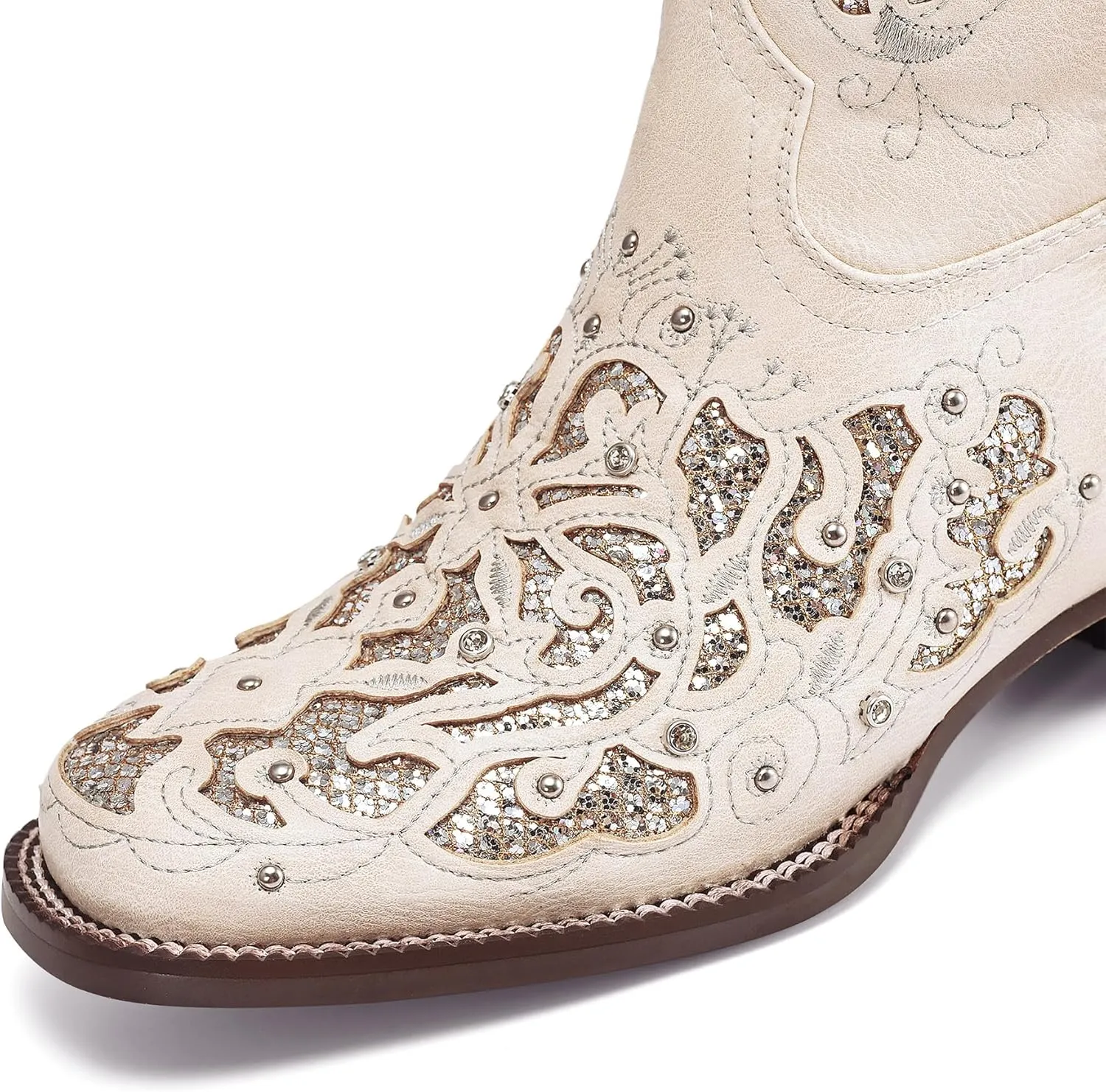 Huntarry Glitter Rhinestone Cowboy Boots For Women Sparkle Mid Calf Wedding Boots For Bride Square Toe Chunky Block Heel Western Cowgirl Boot