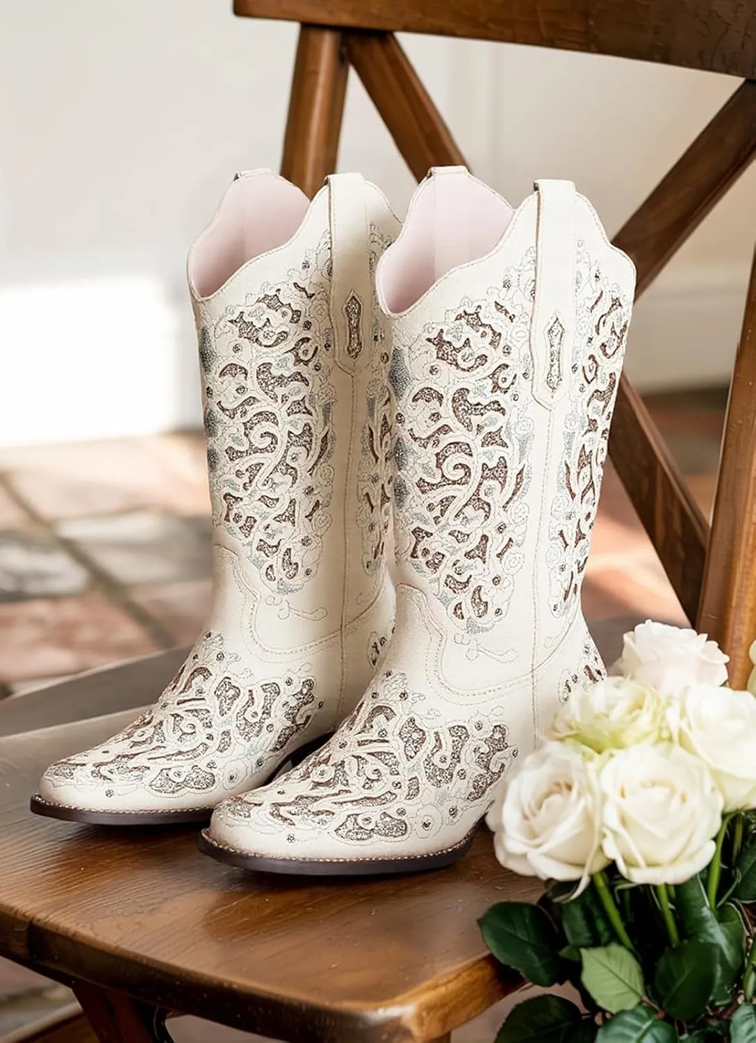 Huntarry Glitter Rhinestone Cowboy Boots For Women Sparkle Mid Calf Wedding Boots For Bride Square Toe Chunky Block Heel Western Cowgirl Boot