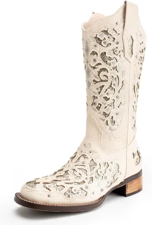 Huntarry Glitter Rhinestone Cowboy Boots For Women Sparkle Mid Calf Wedding Boots For Bride Square Toe Chunky Block Heel Western Cowgirl Boot