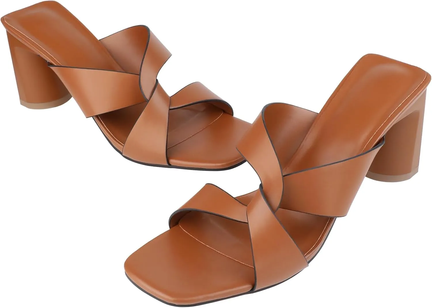 Husmeu Women's High Heeled Sandals for Women Dreesey Summer Mules Square Toe Slip on Heels Chunky Block Heels Sandals