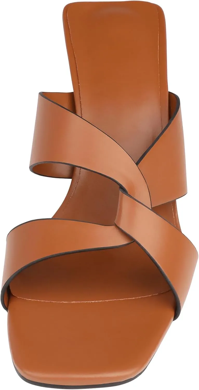 Husmeu Women's High Heeled Sandals for Women Dreesey Summer Mules Square Toe Slip on Heels Chunky Block Heels Sandals