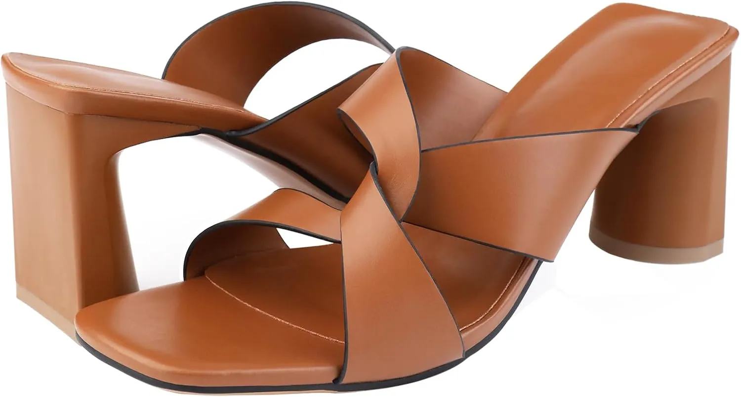 Husmeu Women's High Heeled Sandals for Women Dreesey Summer Mules Square Toe Slip on Heels Chunky Block Heels Sandals