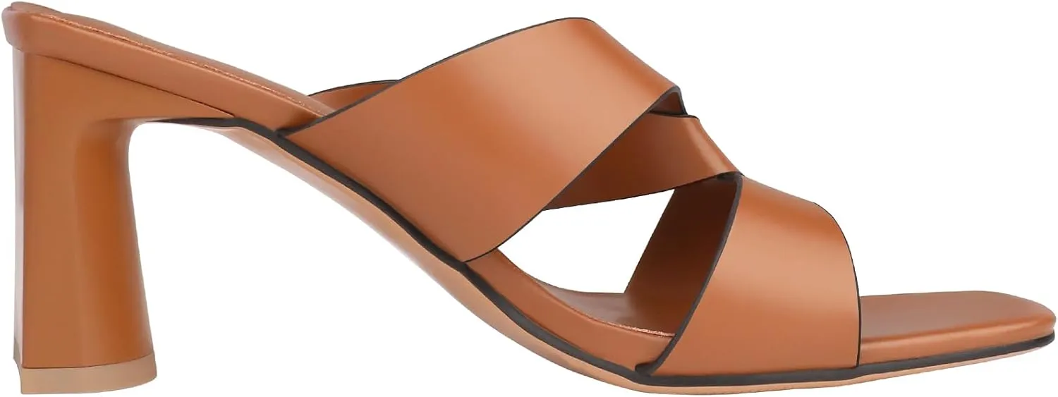 Husmeu Women's High Heeled Sandals for Women Dreesey Summer Mules Square Toe Slip on Heels Chunky Block Heels Sandals