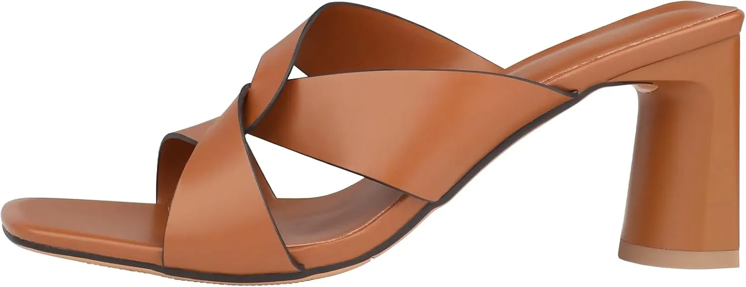 Husmeu Women's High Heeled Sandals for Women Dreesey Summer Mules Square Toe Slip on Heels Chunky Block Heels Sandals