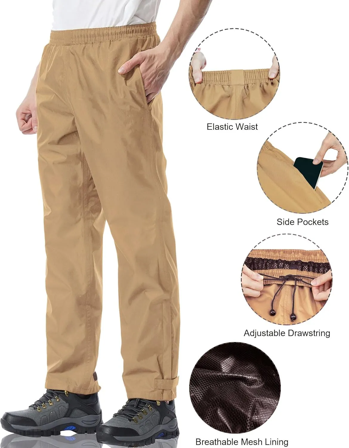 iCreek Men's Rain Pants Waterproof Over Pants Windproof Lightweight Hiking Pants Work Rain Outdoor for Golf, Fishing