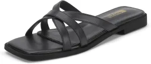 IDIFU Flat Sandals for Women Strappy Square Open Toe Summer Beach Slides Casual Work Office Wedding Ladies Dress Comfortable Dressy Formal Fashion Trendy Fancy Cute Slip On Slide Sandals