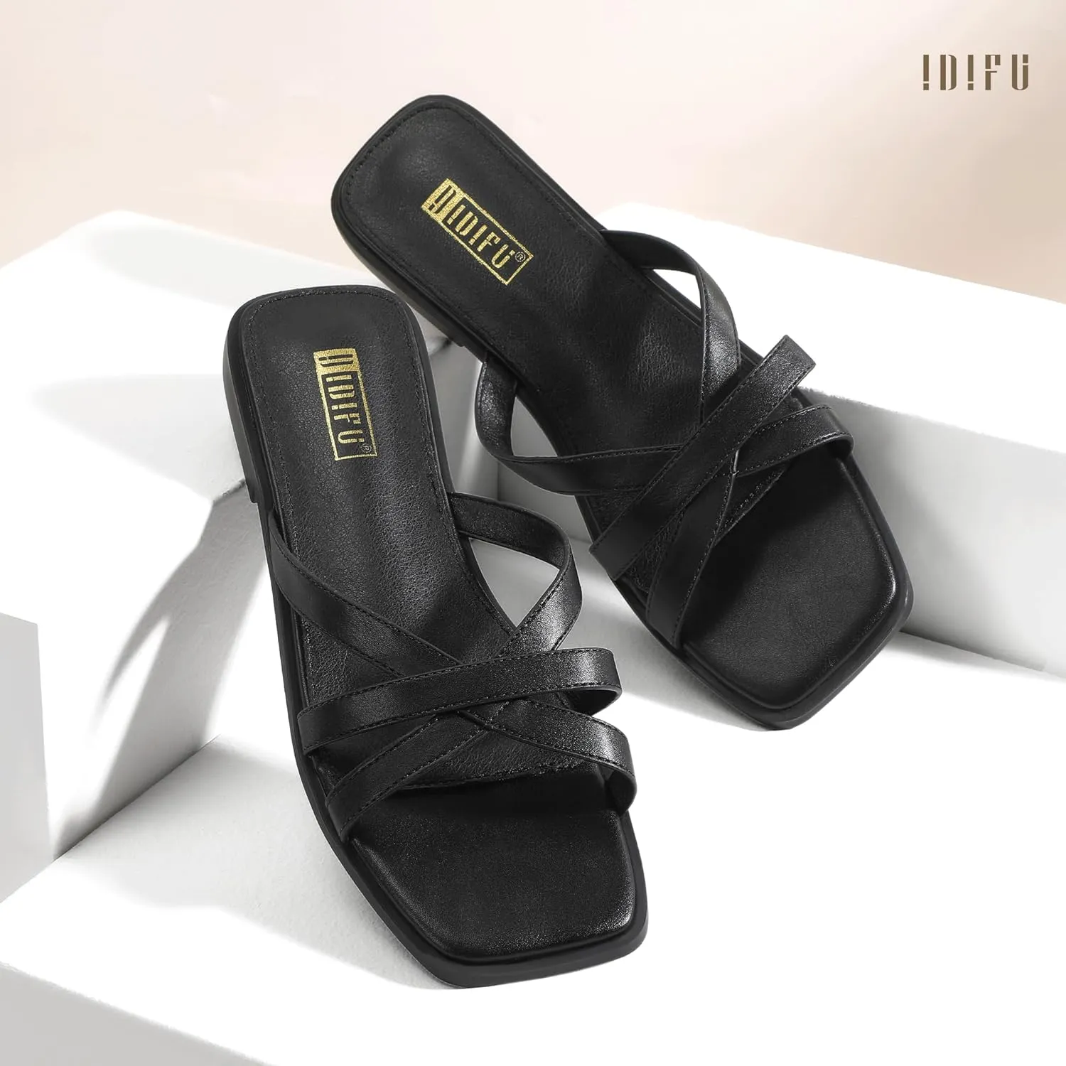 IDIFU Flat Sandals for Women Strappy Square Open Toe Summer Beach Slides Casual Work Office Wedding Ladies Dress Comfortable Dressy Formal Fashion Trendy Fancy Cute Slip On Slide Sandals