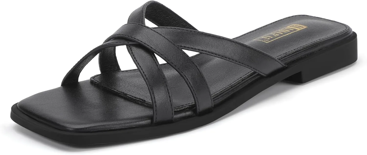 IDIFU Flat Sandals for Women Strappy Square Open Toe Summer Beach Slides Casual Work Office Wedding Ladies Dress Comfortable Dressy Formal Fashion Trendy Fancy Cute Slip On Slide Sandals