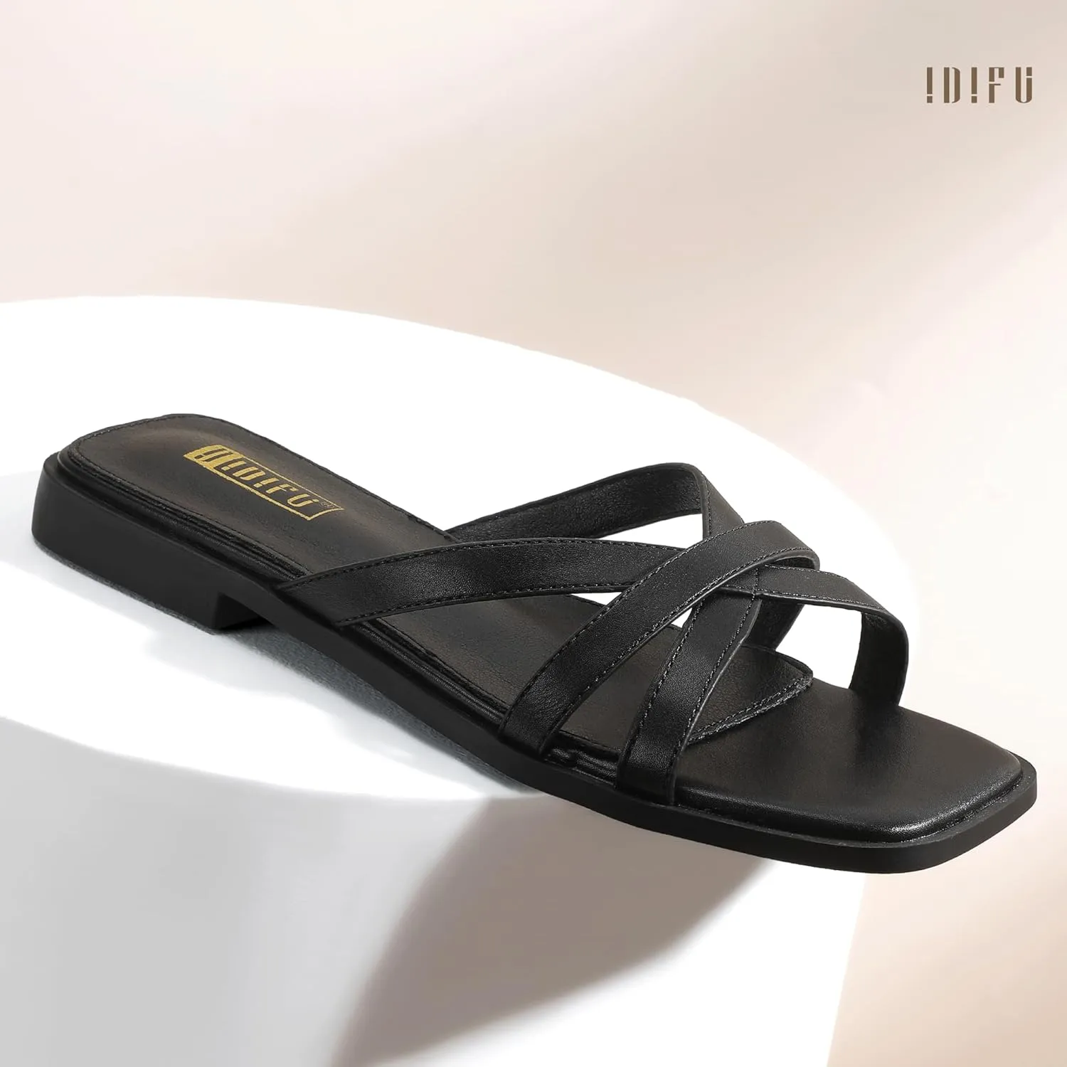 IDIFU Flat Sandals for Women Strappy Square Open Toe Summer Beach Slides Casual Work Office Wedding Ladies Dress Comfortable Dressy Formal Fashion Trendy Fancy Cute Slip On Slide Sandals