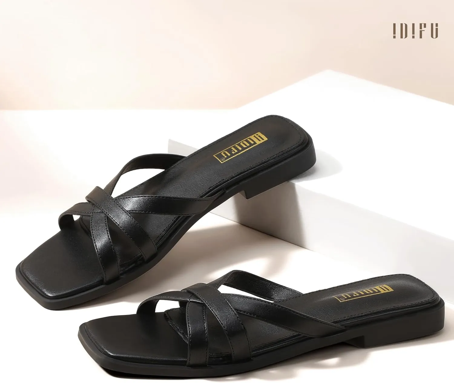 IDIFU Flat Sandals for Women Strappy Square Open Toe Summer Beach Slides Casual Work Office Wedding Ladies Dress Comfortable Dressy Formal Fashion Trendy Fancy Cute Slip On Slide Sandals