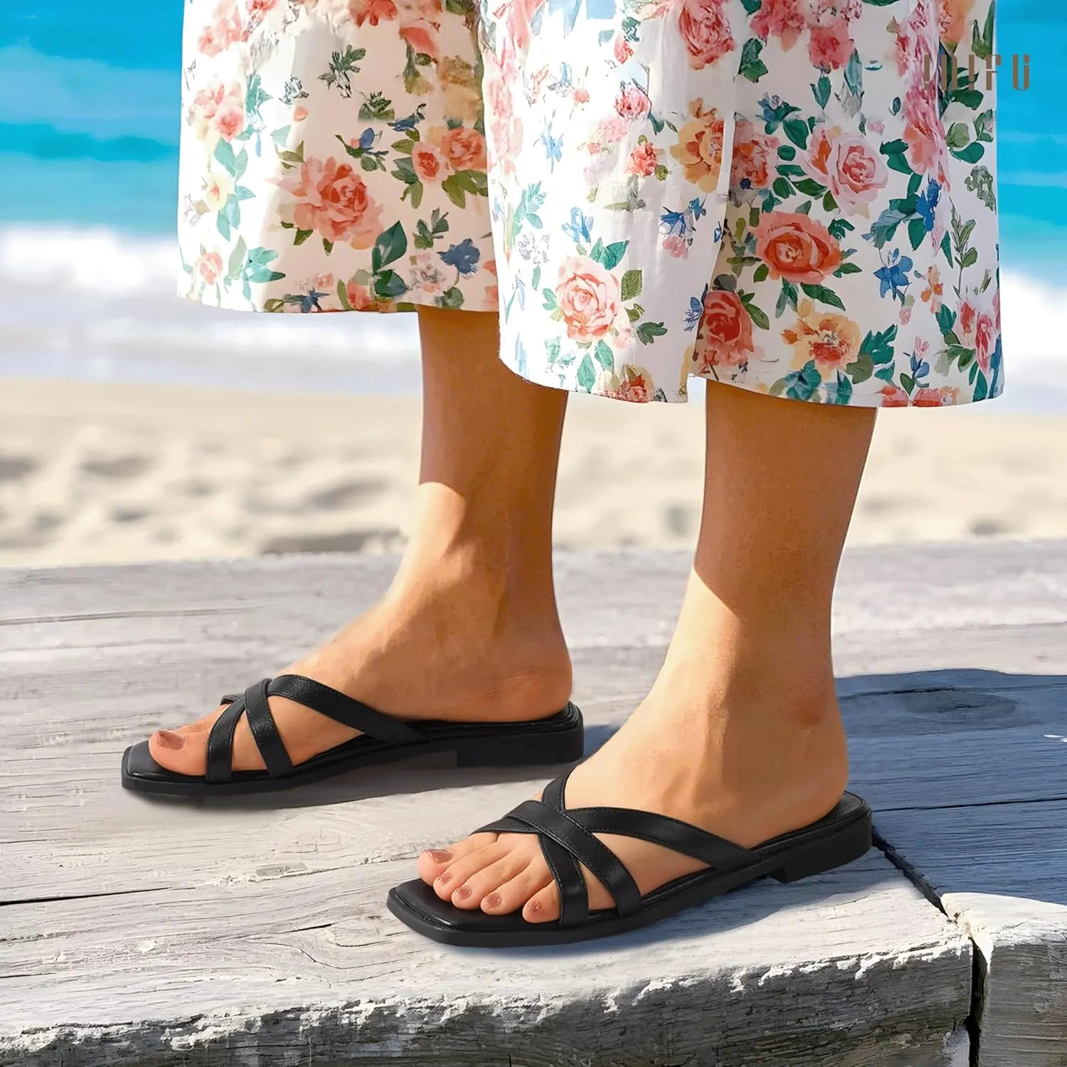 IDIFU Flat Sandals for Women Strappy Square Open Toe Summer Beach Slides Casual Work Office Wedding Ladies Dress Comfortable Dressy Formal Fashion Trendy Fancy Cute Slip On Slide Sandals