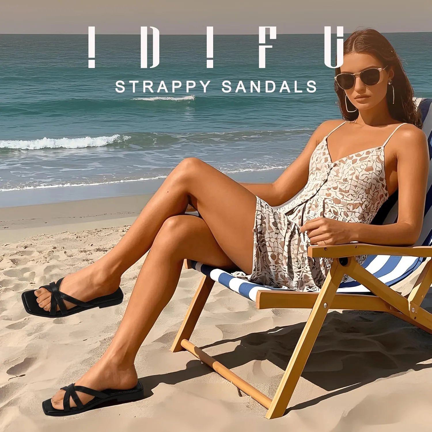IDIFU Flat Sandals for Women Strappy Square Open Toe Summer Beach Slides Casual Work Office Wedding Ladies Dress Comfortable Dressy Formal Fashion Trendy Fancy Cute Slip On Slide Sandals