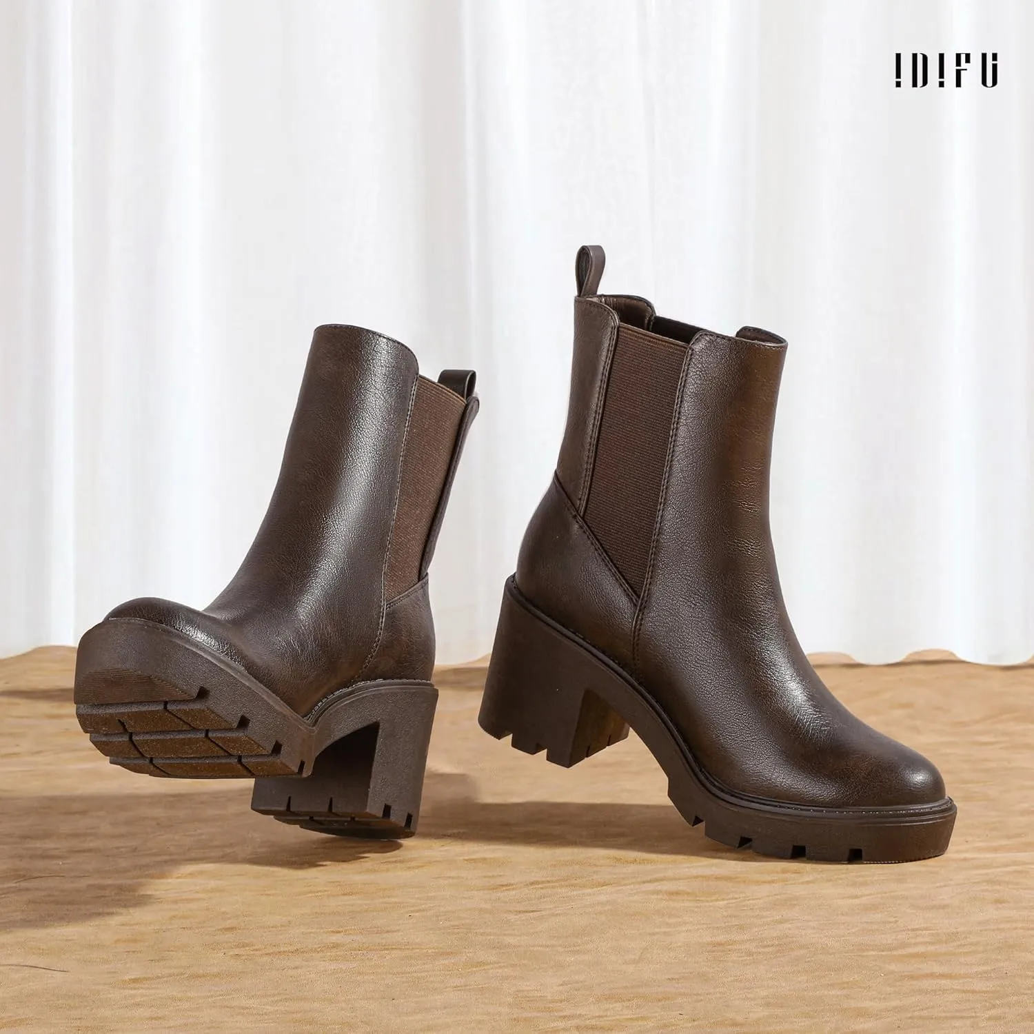 IDIFU IN3 Chelsea Boots Women Slip on Chunky High Heel Ankle Boots Waterproof Formal Casual Cute Dress Booties Comfortable Fashion Dressy Elastic Platform Fall Lug Sole Heeled Boots