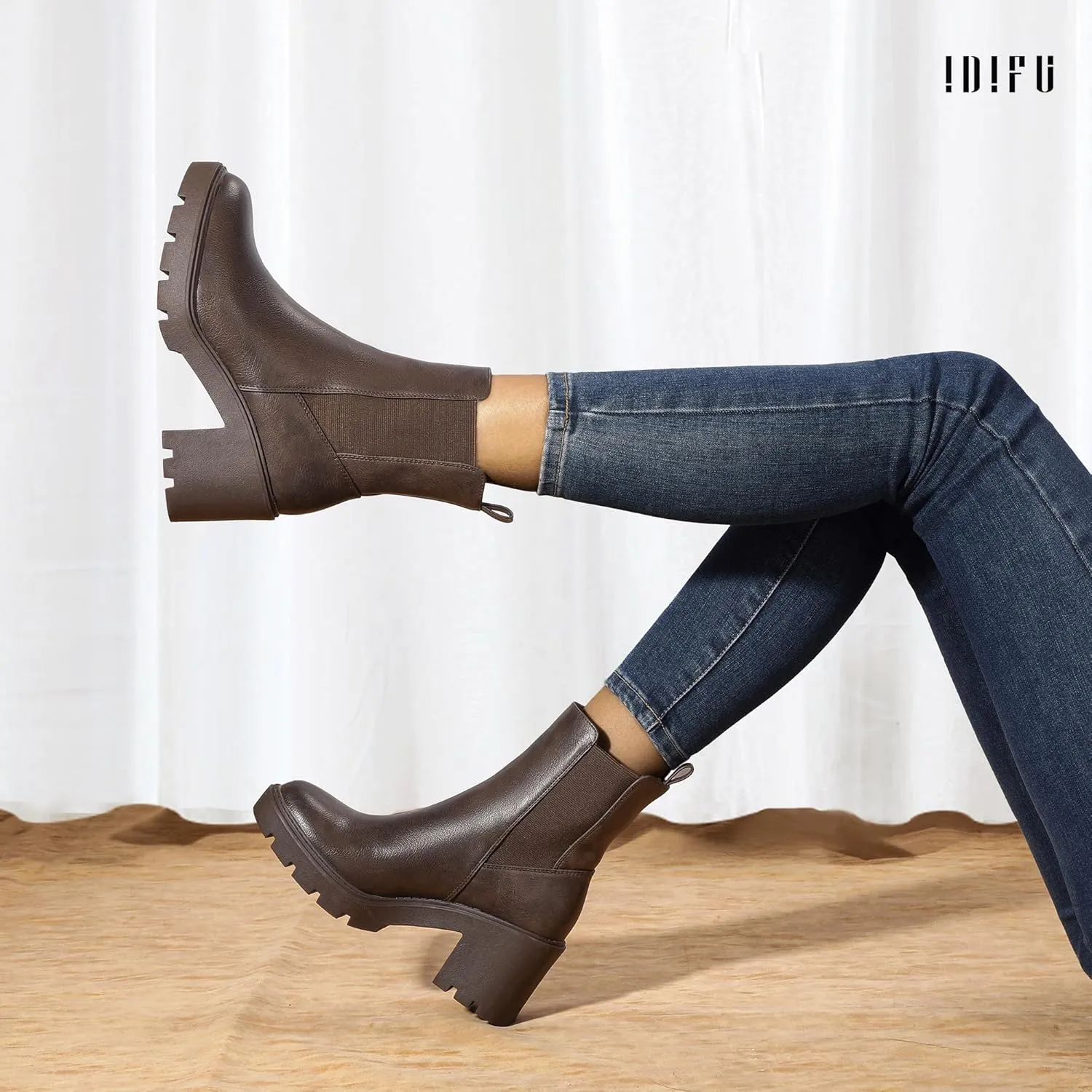 IDIFU IN3 Chelsea Boots Women Slip on Chunky High Heel Ankle Boots Waterproof Formal Casual Cute Dress Booties Comfortable Fashion Dressy Elastic Platform Fall Lug Sole Heeled Boots