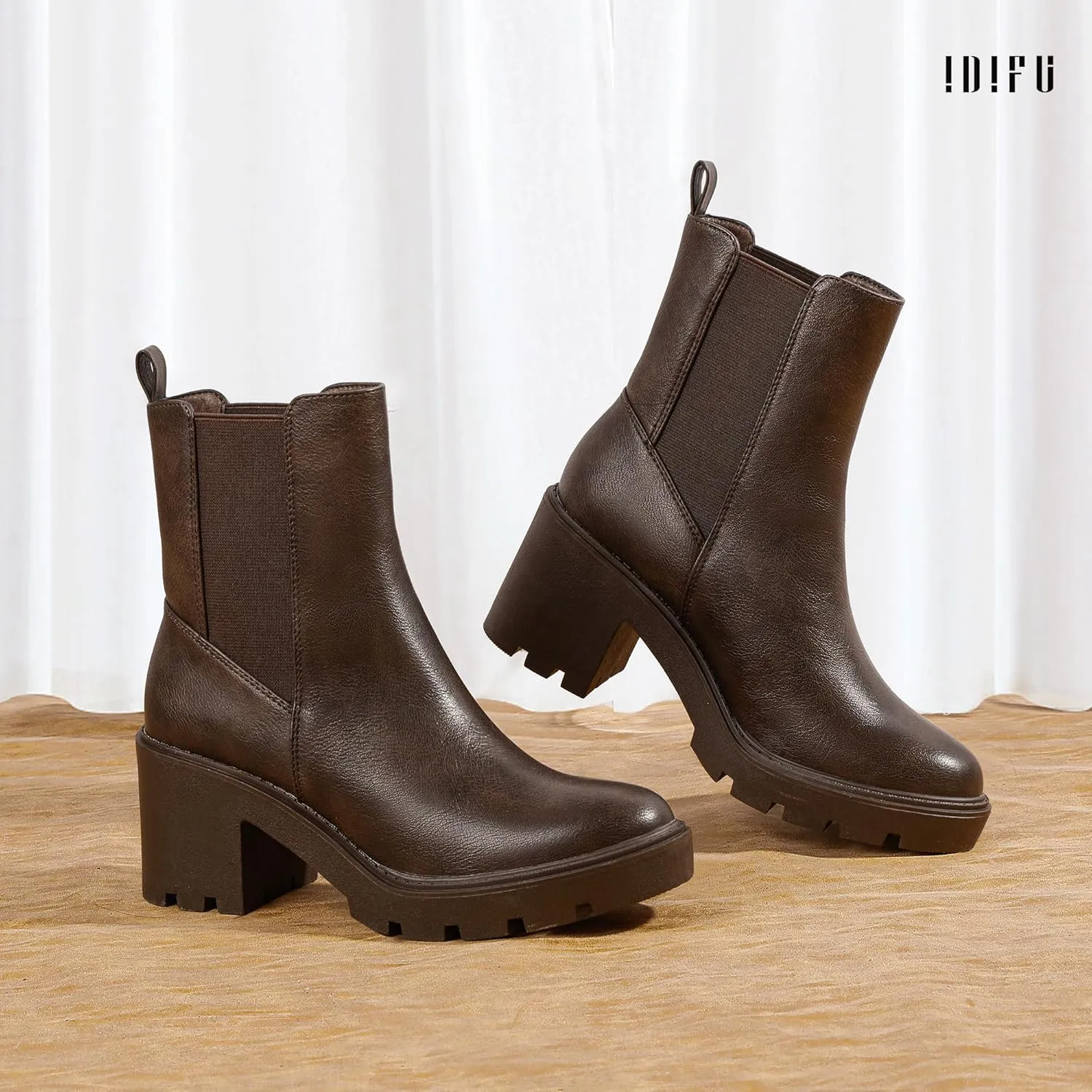 IDIFU IN3 Chelsea Boots Women Slip on Chunky High Heel Ankle Boots Waterproof Formal Casual Cute Dress Booties Comfortable Fashion Dressy Elastic Platform Fall Lug Sole Heeled Boots