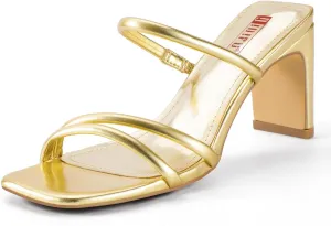 IDIFU IN3 Strappy Heels High Chunky Block Square Open Toe Slip On Slide Heels Mules Wedding Bridal Bride Prom Party Dress Shoes for Women Dressy Comfortable Cute Fashion Trendy Heeled Sandals