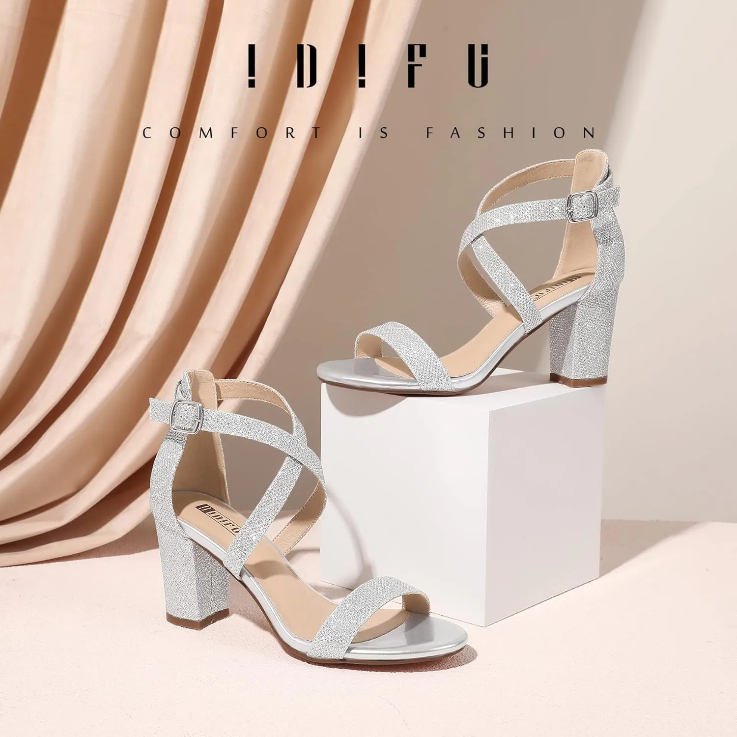 IDIFU Women's IN3 Grace Strappy Block Heels Sandals Comfy Open Toe Chunky Dress Wedding Shoes with Adjustable Cross Strap