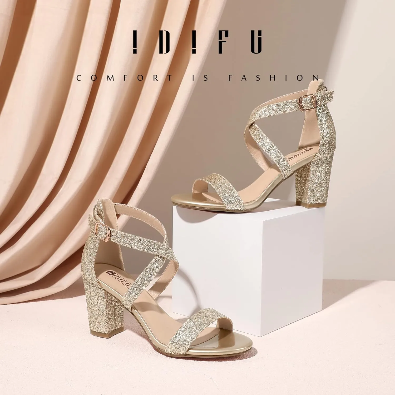 IDIFU Women's IN3 Grace Strappy Block Heels Sandals Comfy Open Toe Chunky Dress Wedding Shoes with Adjustable Cross Strap