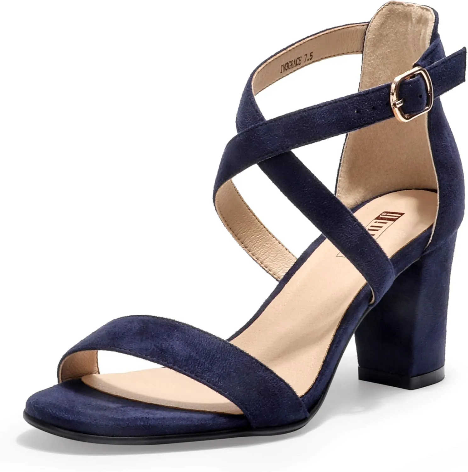 IDIFU Women's IN3 Grace Strappy Block Heels Sandals Comfy Open Toe Chunky Dress Wedding Shoes with Adjustable Cross Strap