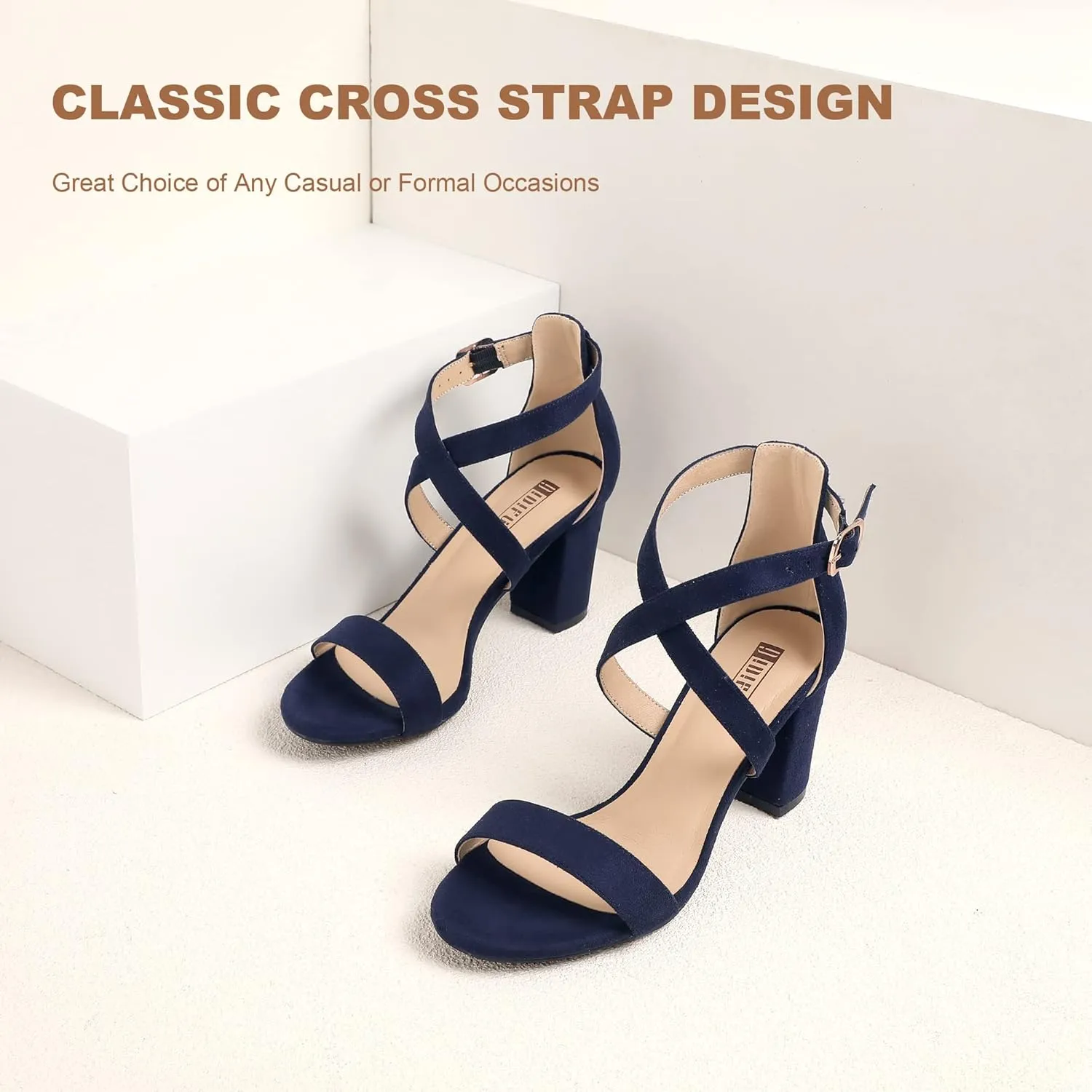 IDIFU Women's IN3 Grace Strappy Block Heels Sandals Comfy Open Toe Chunky Dress Wedding Shoes with Adjustable Cross Strap