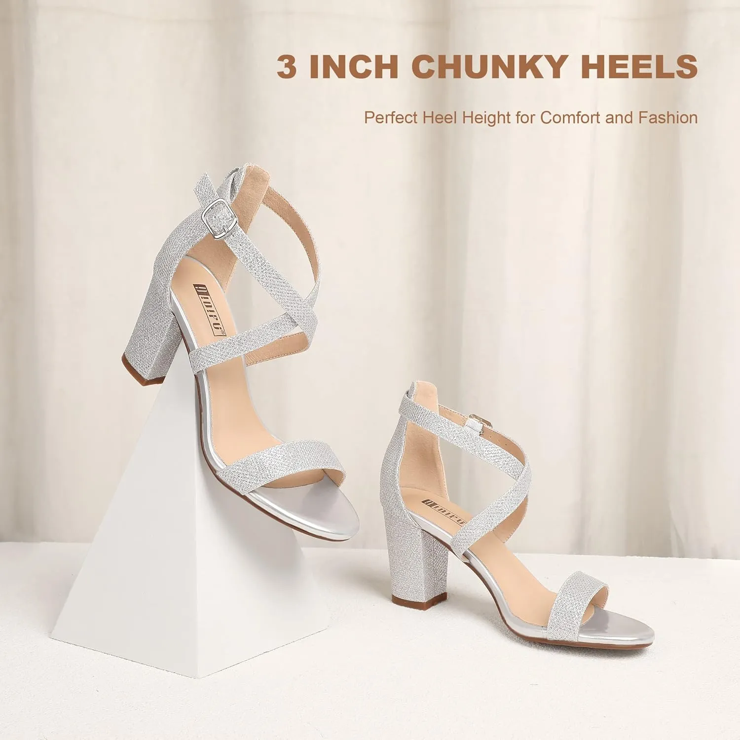 IDIFU Women's IN3 Grace Strappy Block Heels Sandals Comfy Open Toe Chunky Dress Wedding Shoes with Adjustable Cross Strap
