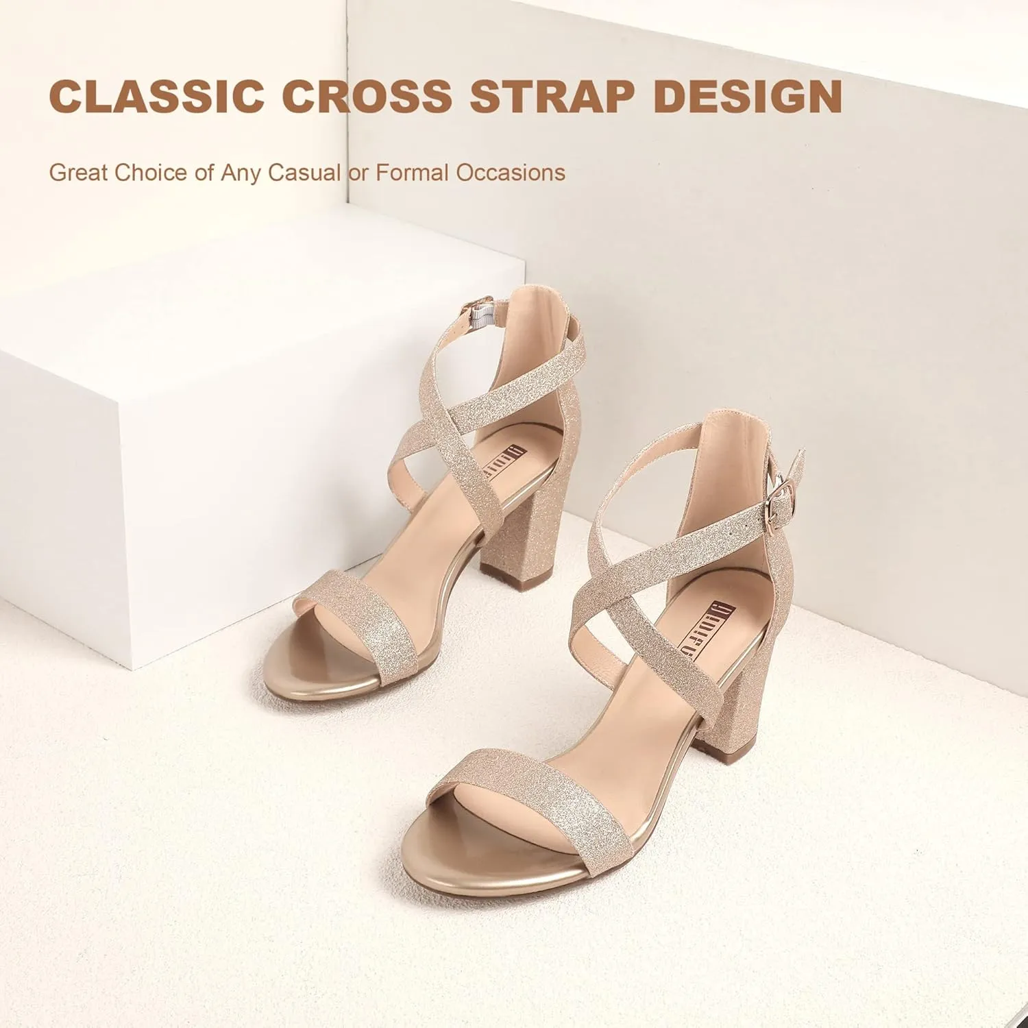 IDIFU Women's IN3 Grace Strappy Block Heels Sandals Comfy Open Toe Chunky Dress Wedding Shoes with Adjustable Cross Strap