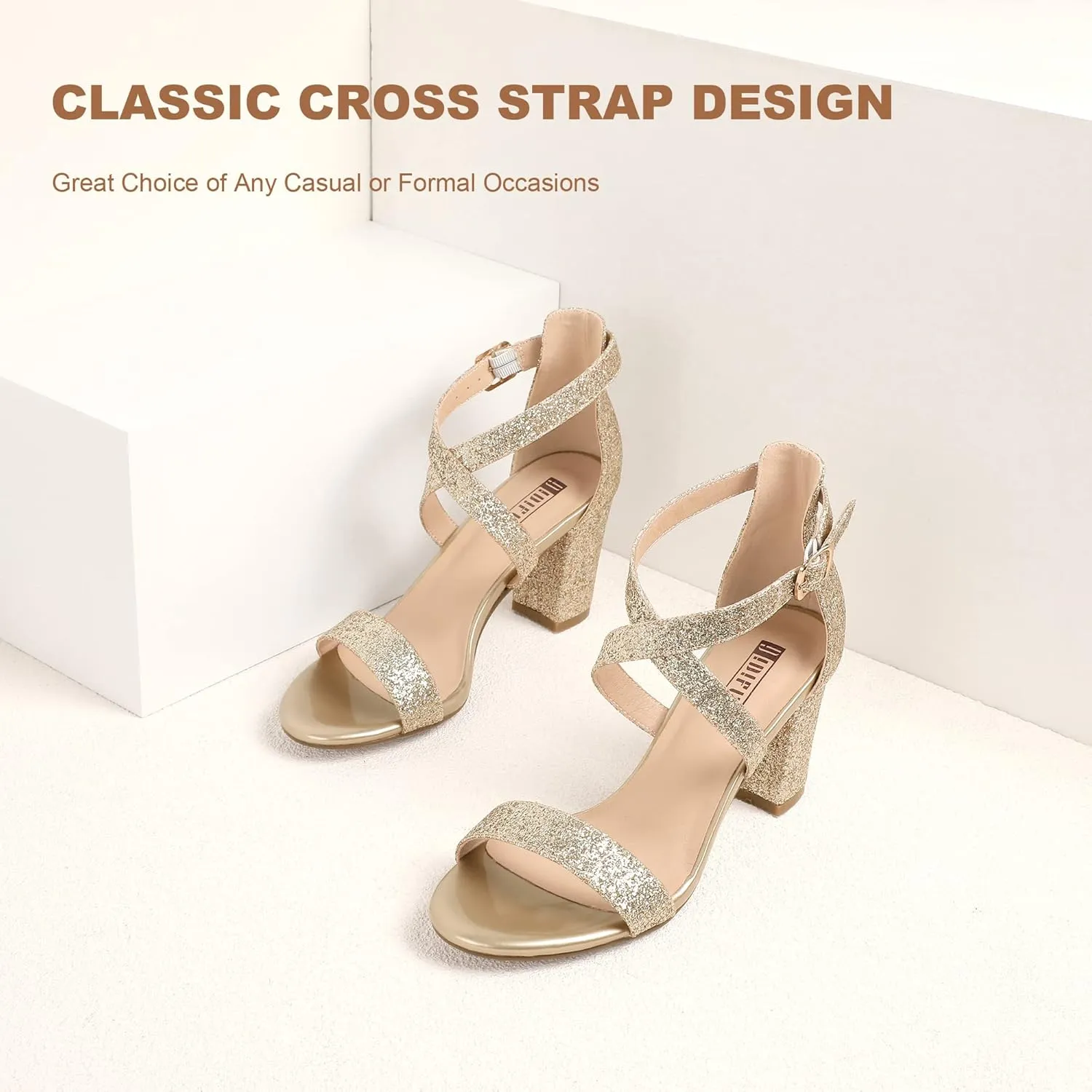IDIFU Women's IN3 Grace Strappy Block Heels Sandals Comfy Open Toe Chunky Dress Wedding Shoes with Adjustable Cross Strap