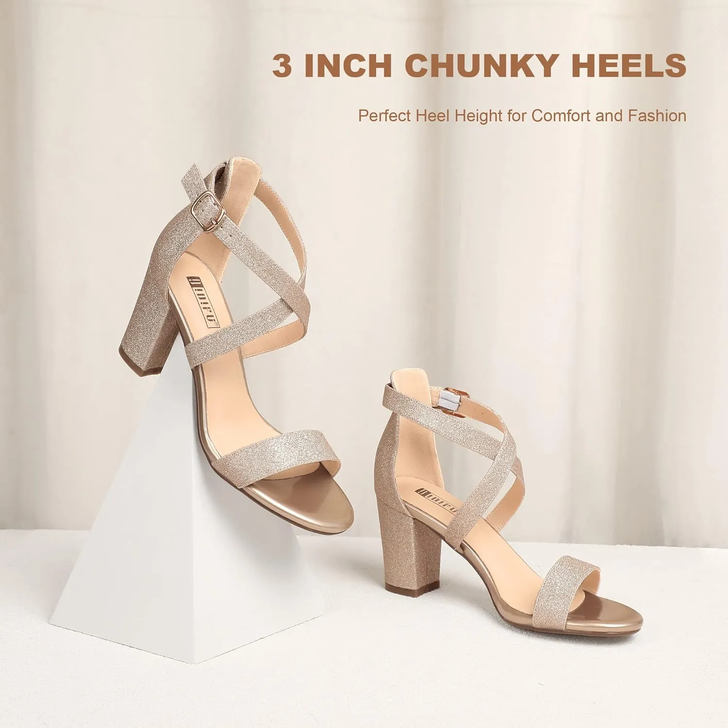 IDIFU Women's IN3 Grace Strappy Block Heels Sandals Comfy Open Toe Chunky Dress Wedding Shoes with Adjustable Cross Strap