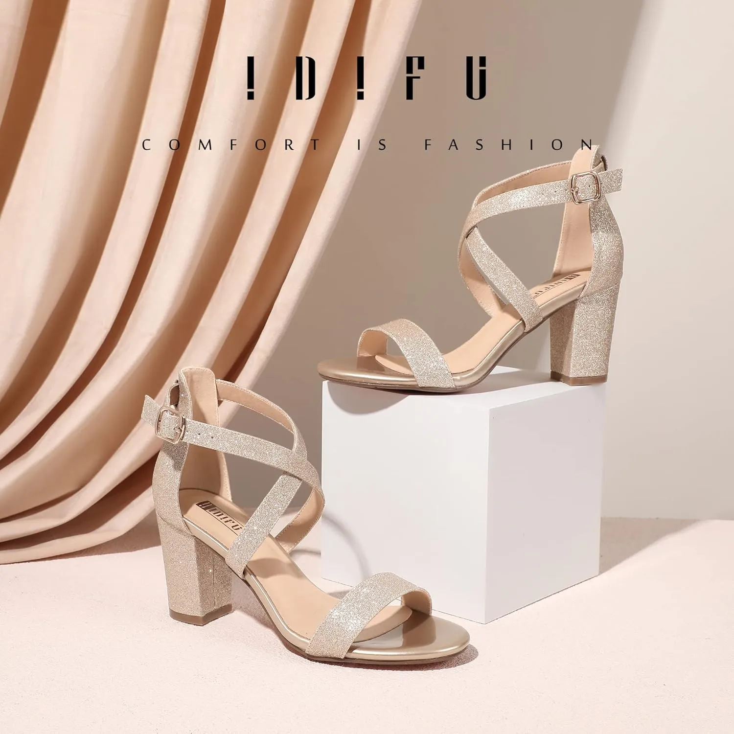 IDIFU Women's IN3 Grace Strappy Block Heels Sandals Comfy Open Toe Chunky Dress Wedding Shoes with Adjustable Cross Strap