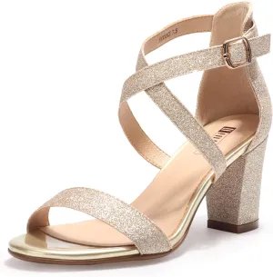 IDIFU Women's IN3 Grace Strappy Block Heels Sandals Comfy Open Toe Chunky Dress Wedding Shoes with Adjustable Cross Strap