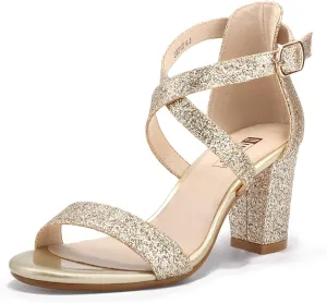 IDIFU Women's IN3 Grace Strappy Block Heels Sandals Comfy Open Toe Chunky Dress Wedding Shoes with Adjustable Cross Strap