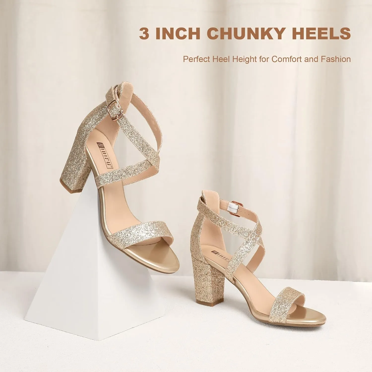 IDIFU Women's IN3 Grace Strappy Block Heels Sandals Comfy Open Toe Chunky Dress Wedding Shoes with Adjustable Cross Strap