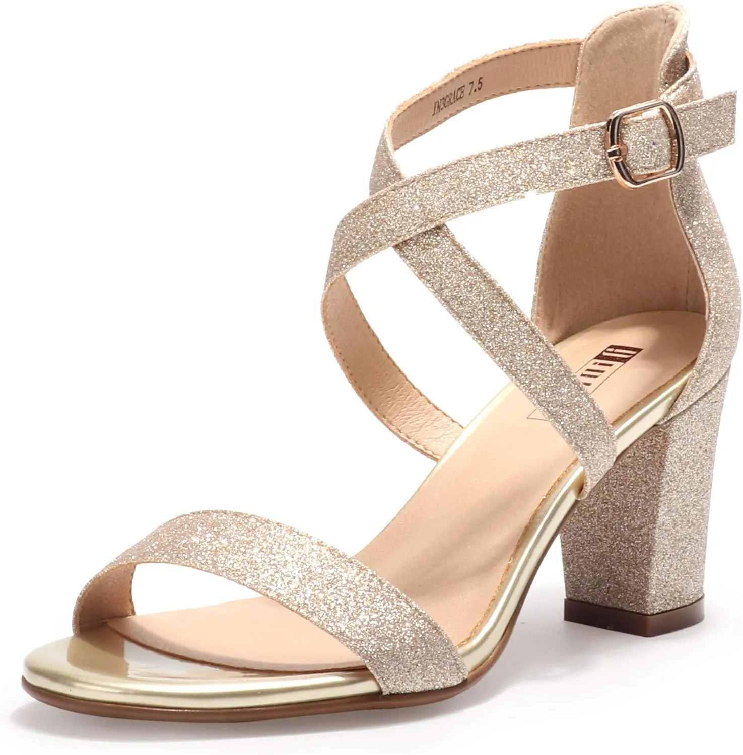 IDIFU Women's IN3 Grace Strappy Block Heels Sandals Comfy Open Toe Chunky Dress Wedding Shoes with Adjustable Cross Strap