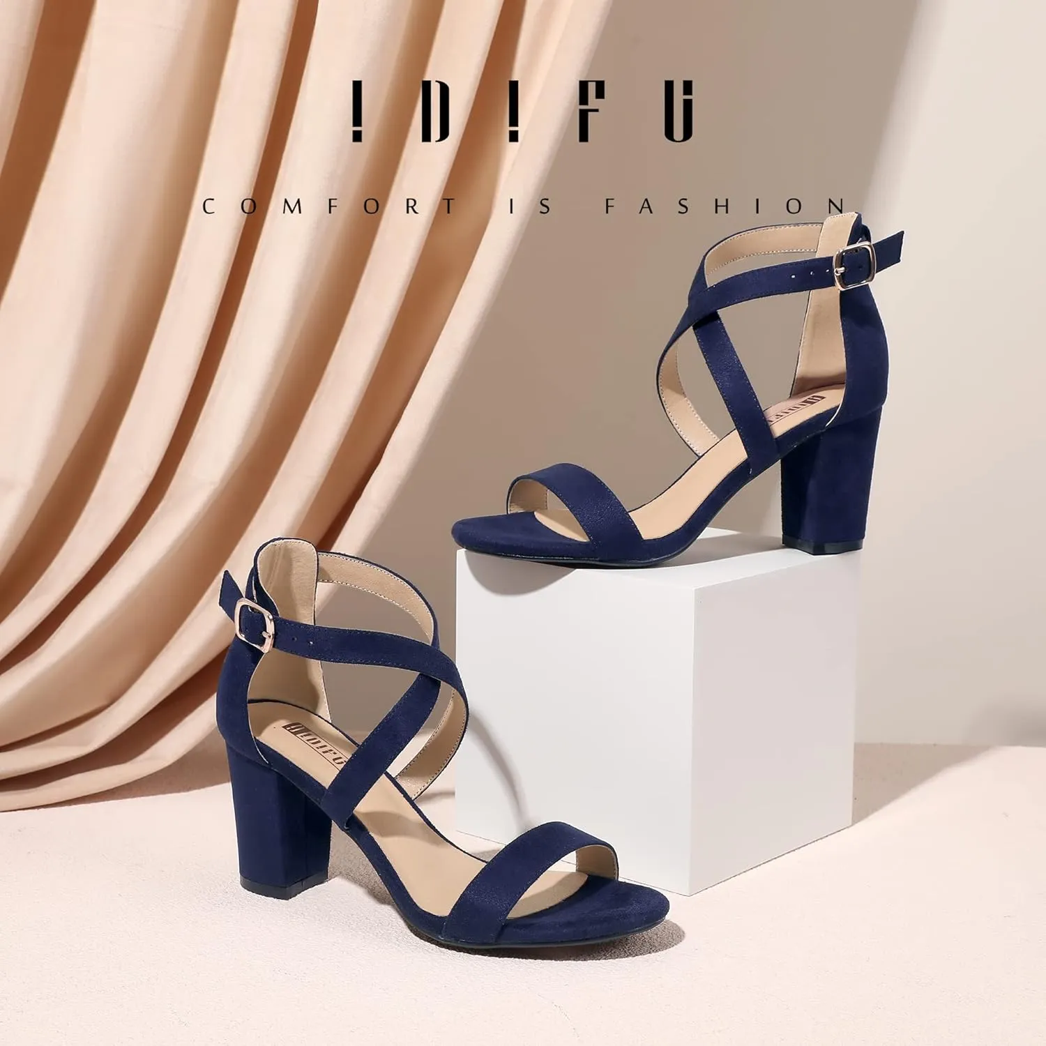 IDIFU Women's IN3 Grace Strappy Block Heels Sandals Comfy Open Toe Chunky Dress Wedding Shoes with Adjustable Cross Strap