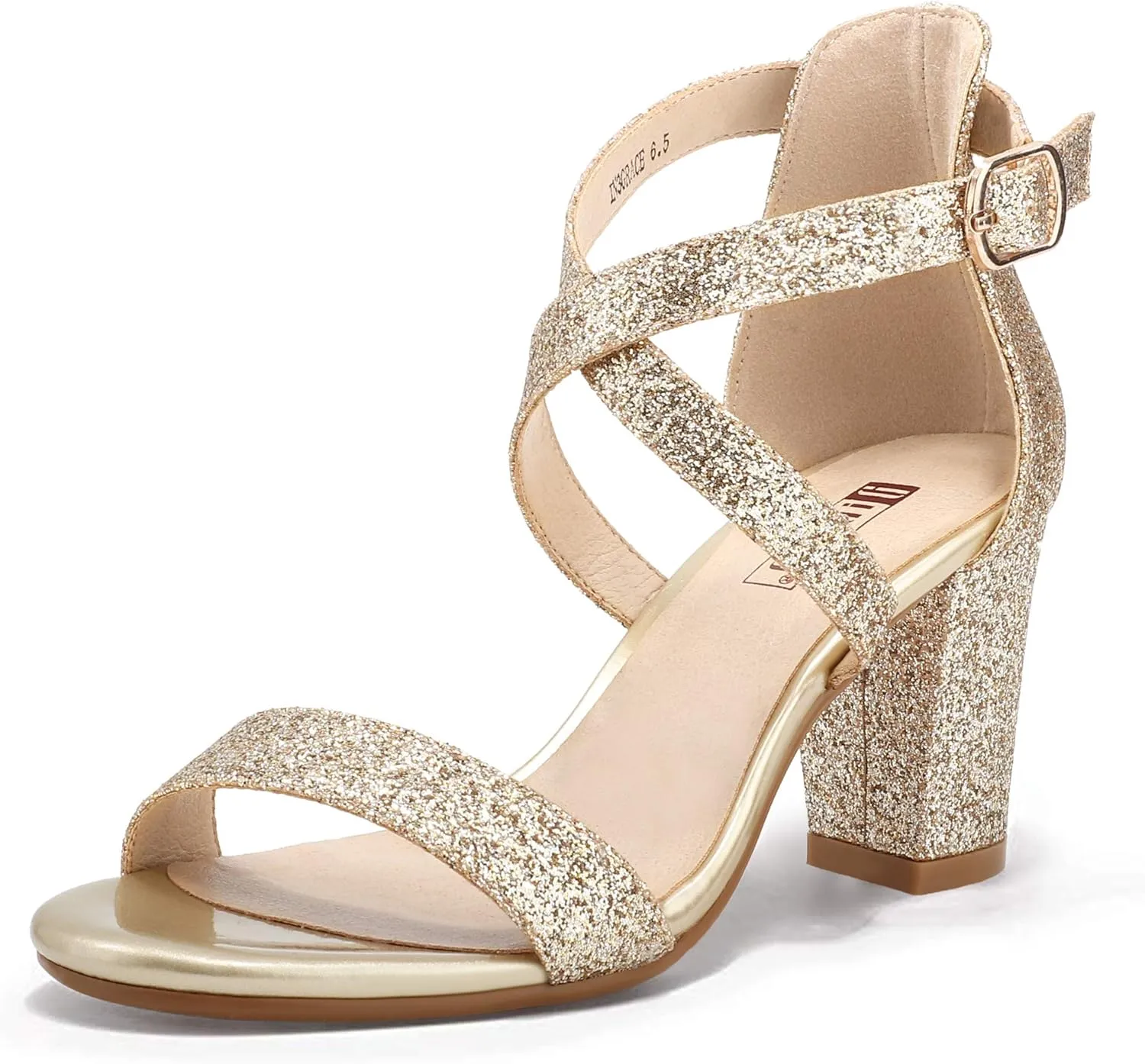 IDIFU Women's IN3 Grace Strappy Block Heels Sandals Comfy Open Toe Chunky Dress Wedding Shoes with Adjustable Cross Strap